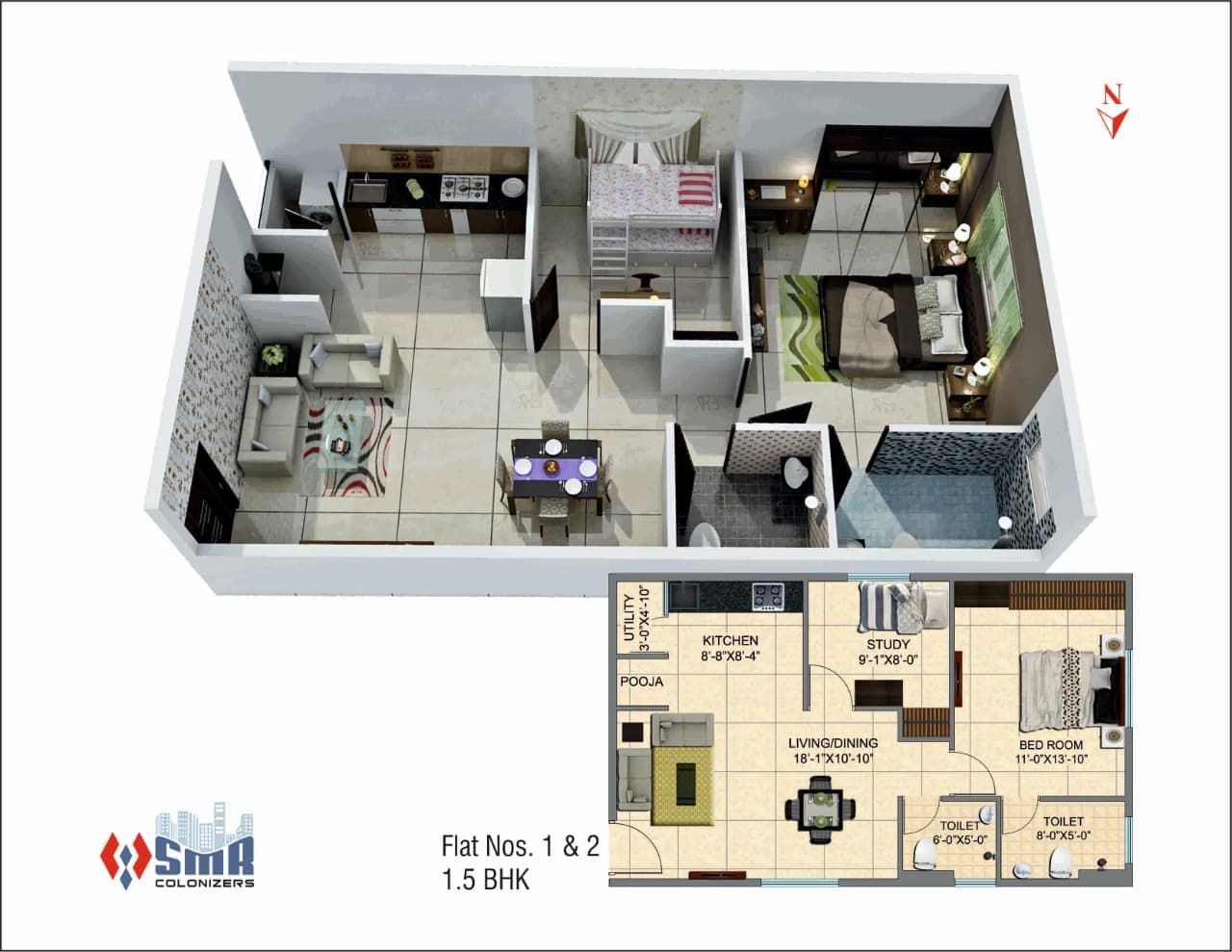 1.5 BHK 3D Floor Plan and Dimensions Trinay Residency