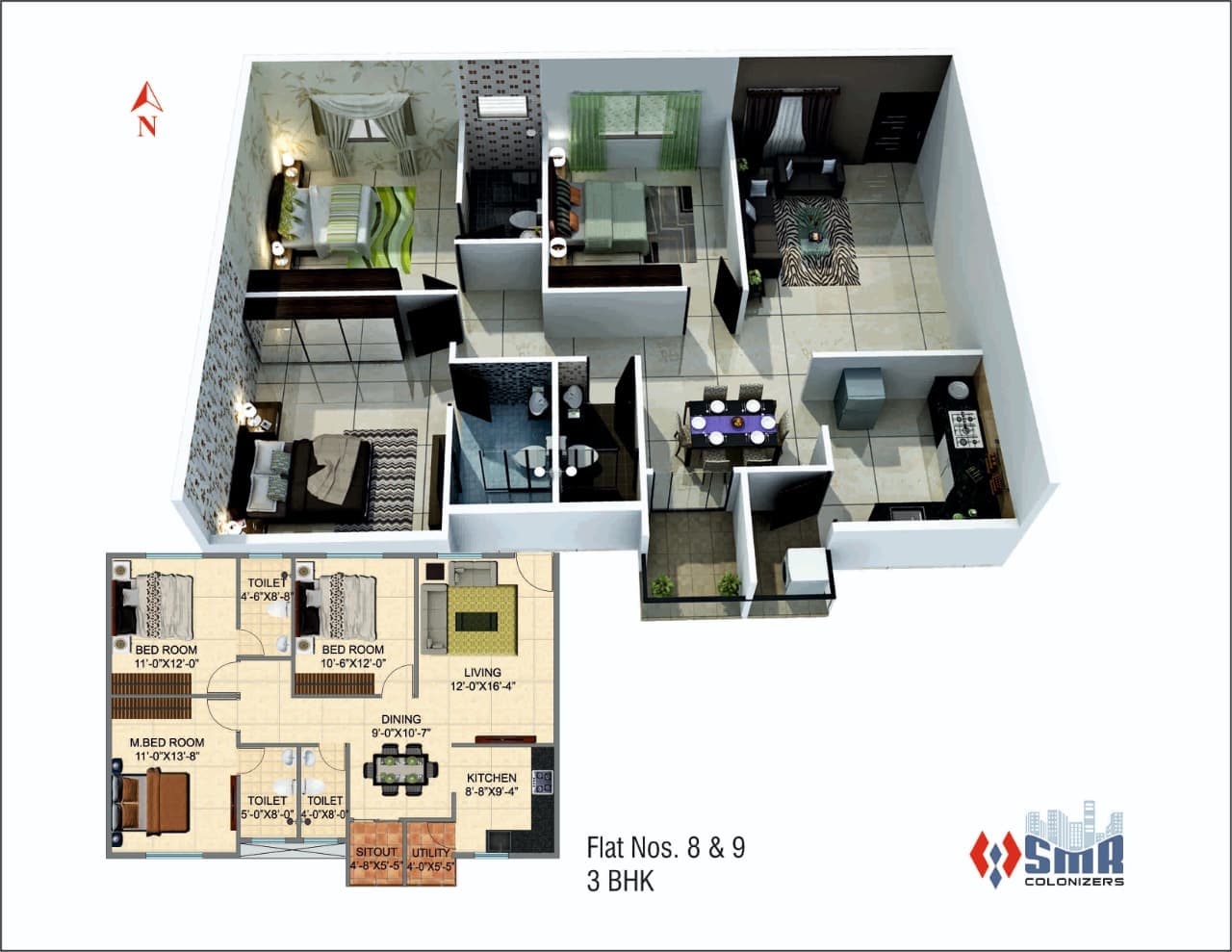 3 BHK Luxury Isometric 3D Cutaway & Blueprint